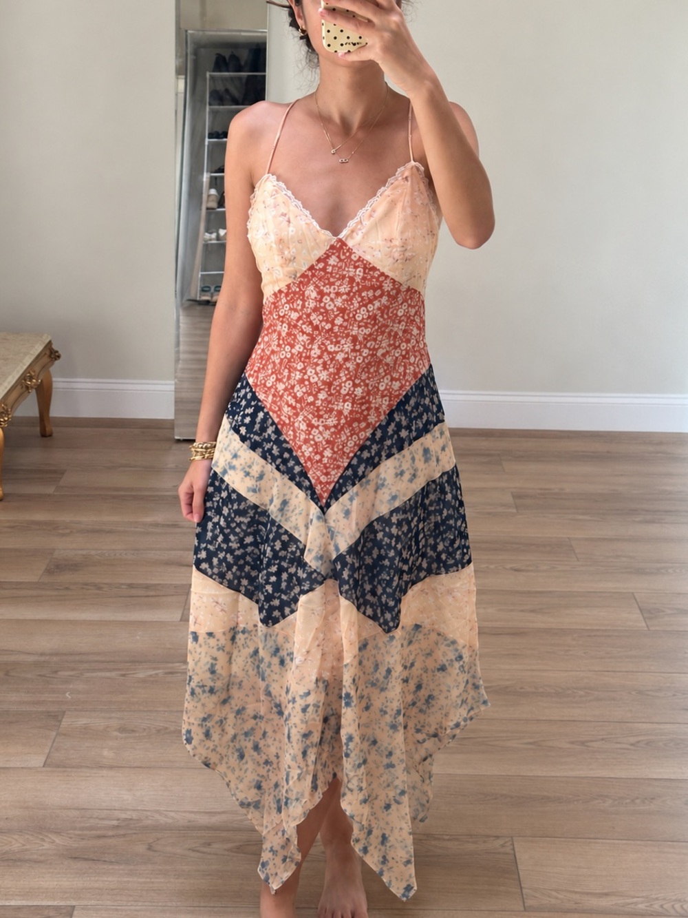 Floral Patchwork Slip Dress in Peach, Rust & Navy